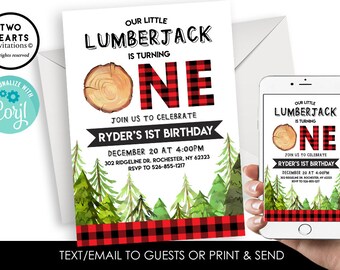 Editable Lumberjack First Birthday Invitation Invite Christmas 5x7 Digital Buffalo Plaid 1st One Watercolor Pines