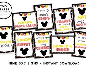 Mickey Inspired Birthday Party Signs Digital 5x7 Bundle Hot Diggity Dog Bar Candy Buffet Instant Download Printable