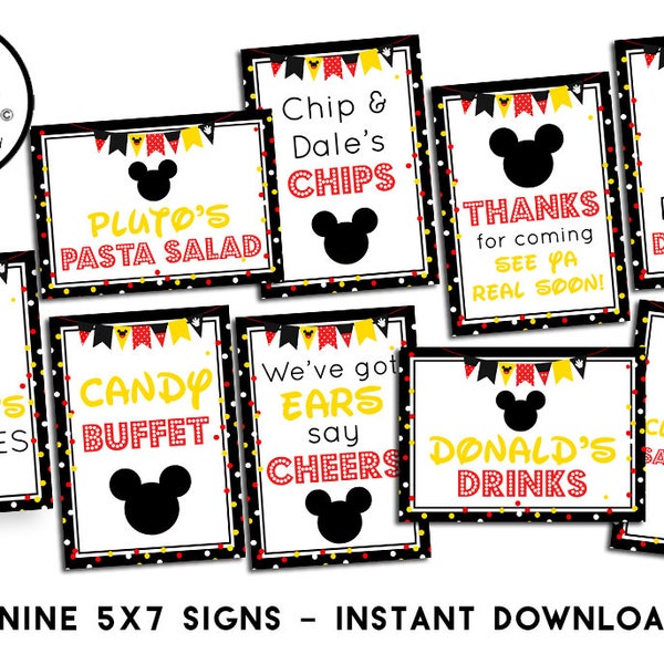 Mickey Inspired Birthday Party Signs Digital 5x7 Bundle Hot Diggity Dog Bar Candy Buffet Instant Download Printable