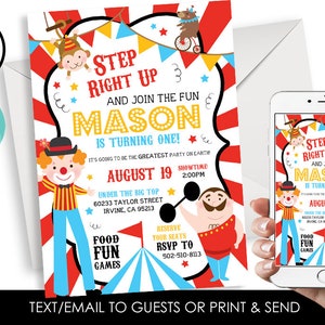 Editable Circus Invitation Invite Birthday First 1st Kids Boys Digital 5x7 Carnival County Fair Animals Zoo image 1