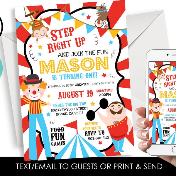 Editable Circus Invitation Invite Birthday First 1st Kids Boys Digital 5x7 Carnival County Fair Animals Zoo