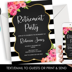 Editable Retirement Party Invite Invitation Watercolor Floral Flowers Stripes Black White 5x7 Digital Corjl image 1