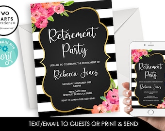 Editable Retirement Party Invite Invitation Watercolor Floral Flowers Stripes Black White 5x7 Digital Corjl