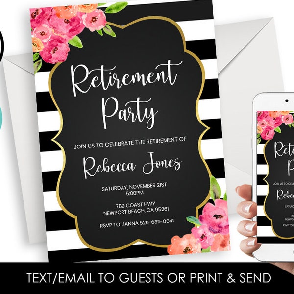 Editable Retirement Party Invite Invitation Watercolor Floral Flowers Stripes Black White 5x7 Digital Corjl