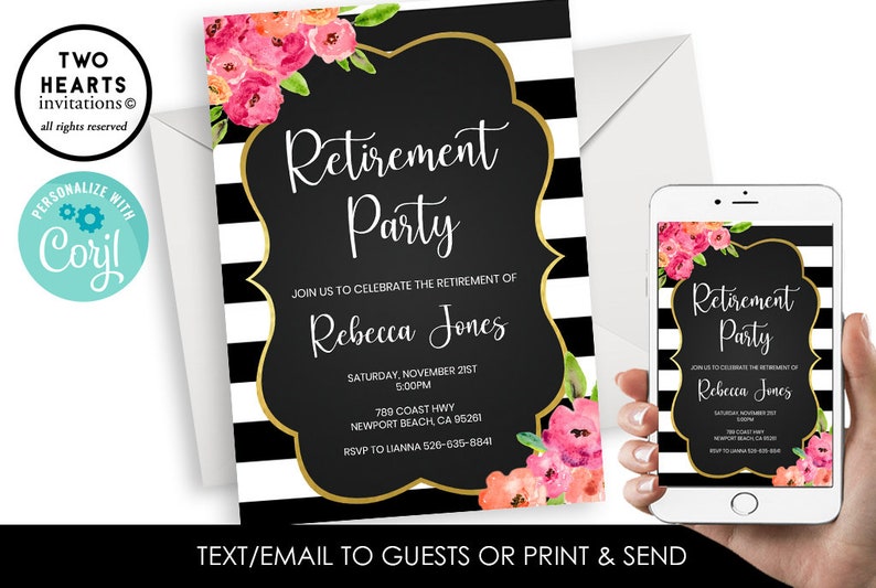 Editable Retirement Party Invite Invitation Watercolor Floral Flowers Stripes Black White 5x7 Digital Corjl image 1