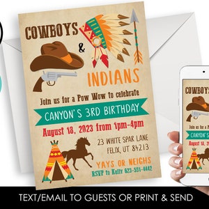 Editable Cowboys and Indians Invitation Invite Digital 5x7 Wild West Birthday Kids Party ANY AGE Corjl