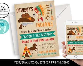 Editable Cowboys and Indians Invitation Invite Digital 5x7 Wild West Birthday Kids Party ANY AGE Corjl