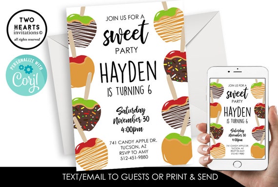 Editable Candy Apple Invitation Invite Fall Birthday Digital 5x7 Girl Boy Neutral Sweet Corjl