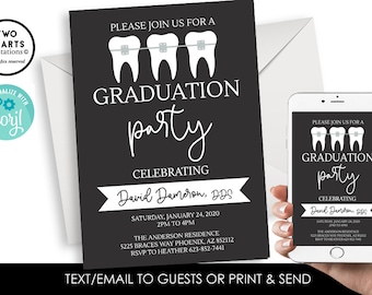Editable Dental Graduation Party Invitation Invite Digital 5x7 Chalkboard Orthodontist DDS