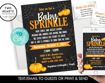 Editable Halloween Baby Sprinkle Invitation Invite Digital 5x7 Spooky Shower Pumpkins Spiderwebs Gender Neutral Boys Girls Instant Download