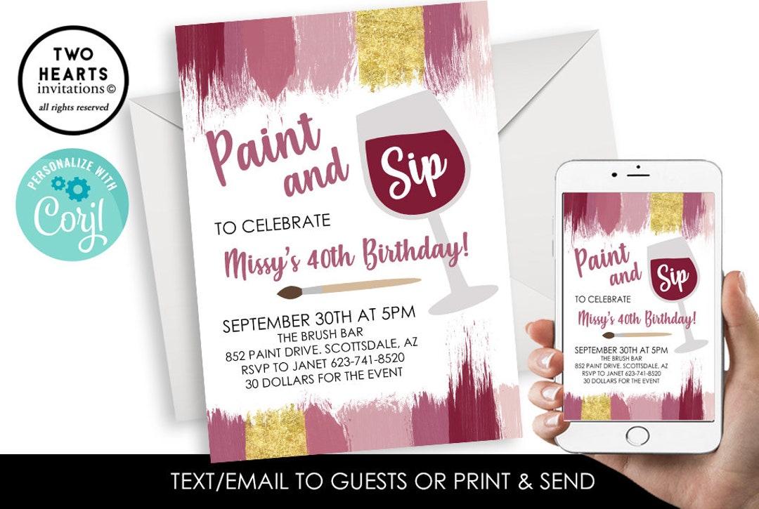 Editable Paint Sip Invitation Invite Wine Digital Party Wine Tasting