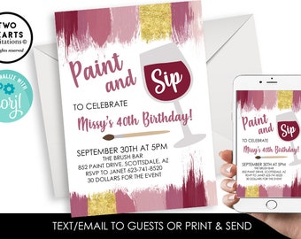 Editable Paint Sip Invitation Invite Wine Digital Party Wine Tasting Art 5x7 Red Adult ANY AGE