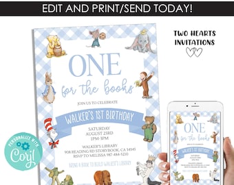 One for the Books Blue Invitation Blue Invite EDITABLE Storybook Digital Template Instant Download 5x7