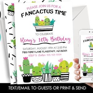 Editable Cactus Birthday Invitation Invite Digital ANY AGE 5x7 Succulent Kids Tween Teen Black White Pink