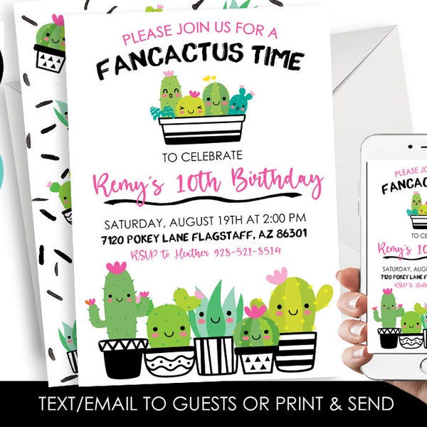 Editable Cactus Birthday Invitation Invite Digital ANY AGE 5x7 Succulent Kids Tween Teen Black White Pink