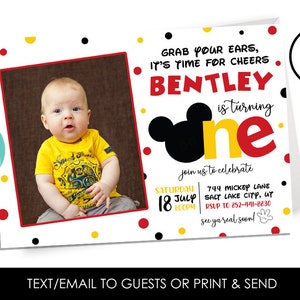 Editable Mickey 1st Birthday Photo Invitation Invite Mouse Digital 7x5 Kids First Party Cheers Toodles Instant Download