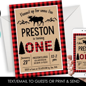 Editable Lumberjack 1st Invite Invitation Plaid Moose First Any Age Digital Kids Birthday 5x7 Winter Red