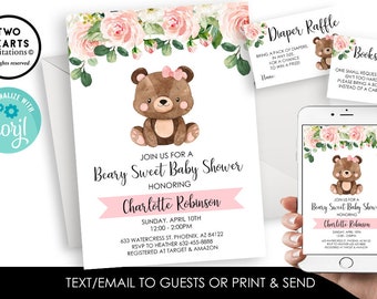 Editable Teddy Bear Baby Shower Invitation Invite Digital 5x7 Set Bundle Floral Watercolor Beary Sweet Pink Girls Sprinkle