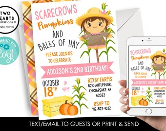 Editable Scarecrow Girl Fall Birthday Invitation Invite Pumpkin Patch Kids Digital 5x7 Autumn ANY AGE Pink