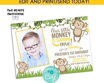 Editable Monkey Invitation Invite Birthday Photo ANY AGE 7x5 Party Bananas Digital Template Instant Download Monkeys Kids