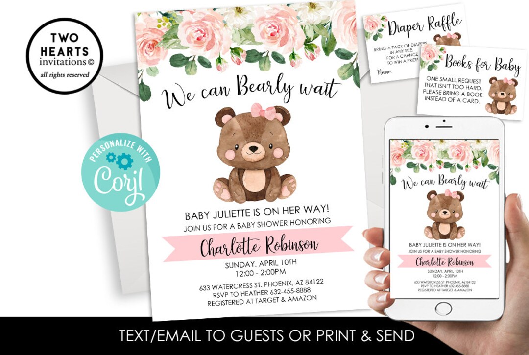 Editable Bear Baby Shower Invitation Invite Bundle Set Watercolor ...