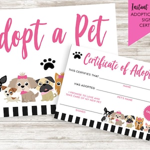 May include: Printable adoption station sign and certificate with a pink and black color scheme. The sign says "Adopt a Pet" and features a paw print. The certificate says "Certificate of Adoption" and has spaces for the adopter's name, the pet's name, and a signature.