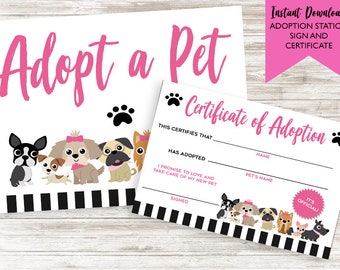 Adopt a Puppy Sign and Certificate Digital Doggy Birthday Extras Instant Download Girls Pink Black