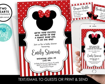 Editable Minnie Baby Shower Invite Invitation Sprinkle Mouse Inspired Red Black Girls Polka Dots Digital 5x7 Diaper Raffle Set Bundle