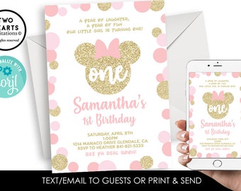 Editable Minnie Mouse Inspired First Birthday Invitation Invite Gold Glitter Pink Polka Dots 5x7 Digital ANY AGE