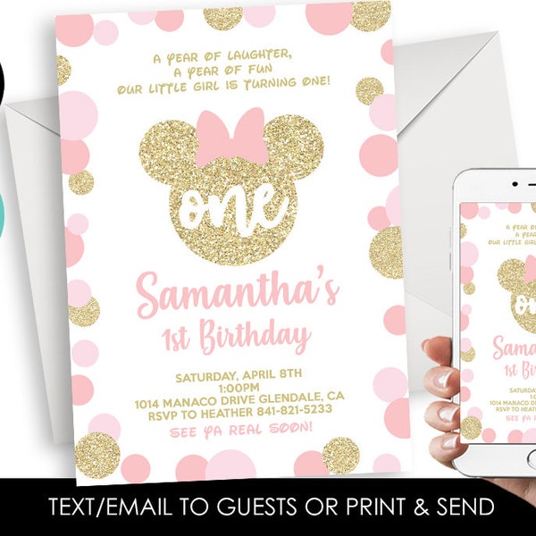 Editable Minnie Mouse Inspired First Birthday Invitation Invite Gold Glitter Pink Polka Dots 5x7 Digital ANY AGE