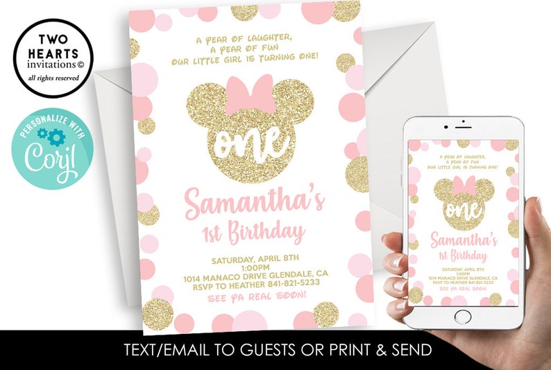 Editable Minnie Mouse Inspired First Birthday Invitation Invite Gold ...