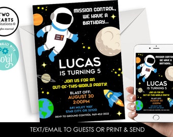 Editable Space Birthday Invitation Astronaute Invite Numérique 5x7 Enfants Garçons Espace Extra-Atmosphérique Planètes Système Solaire