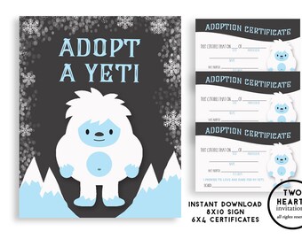 Yeti Adoption Certificate Sign Instant Download Adopt a Yeti Digital Printable Kids Birthday Winter Abominable Snowman Set