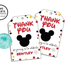 Etiquetas para lembrancinhas do Mickey Mouse para festa de aniversário digital editável para crianças, obrigado, download instantâneo da etiqueta do modelo