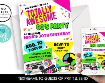Editable 80's Party Invite Birthday Invitation Digital 5x7 Eighties Themed Totally Awesome Kids Adults
