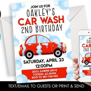 Editable Car Wash Birthday Invitation Digital 5x7 Template Kids Red Blue Instant Download