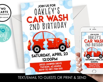 Editable Car Wash Birthday Invitation Digital 5x7 Template Kids Red Blue Instant Download