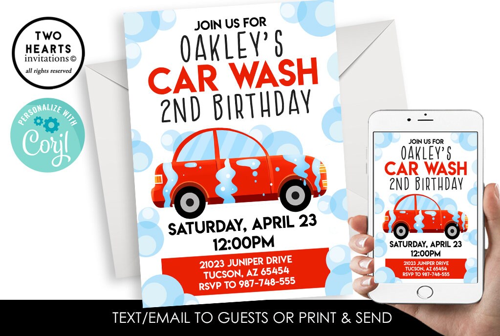 Editable Car Wash Birthday Invitation Digital 5x7 Template Kids Red Blue Instant Download