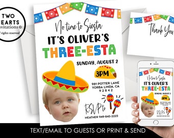 Invitation Three-Esta Inviter Photo Numérique 3ème Fiesta Taco Fête d’Anniversaire Trois Esta Kids Option Photo