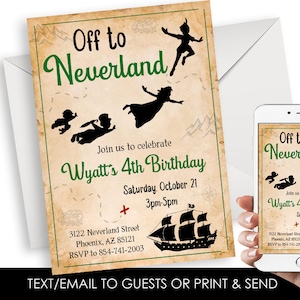 Editable Neverland Birthday Invitation Peter Pan Invite Digital 5x7 Map Kids Party Template Instant Download
