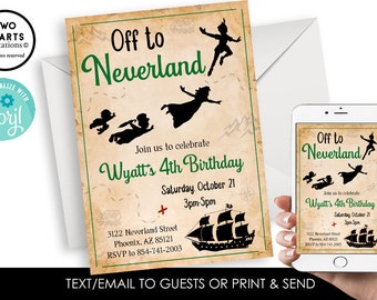 May include: A vintage-style invitation for a 4th birthday party with a Peter Pan theme. The invitation features a map of Neverland with silhouettes of Peter Pan, Tinkerbell, and the Lost Boys. The text reads "Off to Neverland" and "Wyatt's 4th Birthday".