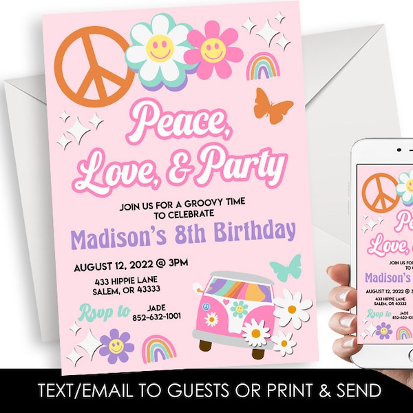 Editable Hippie Birthday Invitation Peace Retro Digital Pink Girls Party 70's Love Smiley Face