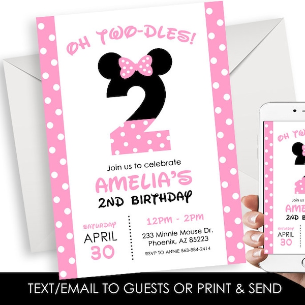 Editable Minnie 2nd Birthday Invitation Inspired Invite Two-dles Second Digital 5x7 Mouse Pink Black Polka Dot Kids Girls