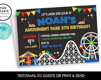 Editable Amusement Park Birthday Invitation Invite Digital 7x5 Carnival Boys Kids Party