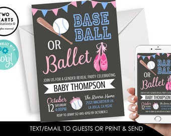 Editable Baseball or Ballet Gender Reveal Invitation Invite Party Pink Blue Baby Shower Sports Dance Digital 5x7 Template Instant Download