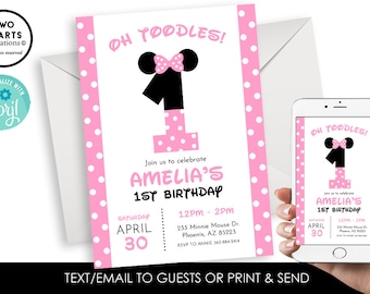 Editable Minnie Mouse 1st Birthday Invitation Inspired Invite First Digital 5x7 Mouse Pink Black Polka Dot Kids Girls Corjl