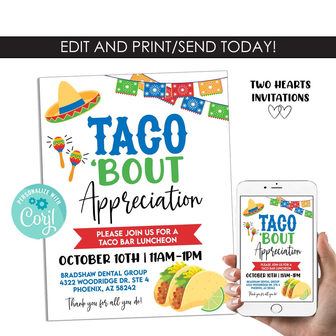 Editable Taco Bout Appreciation Flyer Invitation Luncheon Lunch Digital ...
