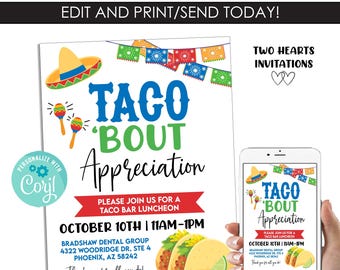 Editable Taco Bout Appreciation Flyer Invitation Luncheon Lunch Digital 8.5x11 Employee Staff Invite Template