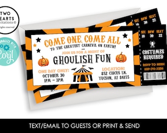 Editable Halloween Carnival Ticket Invitation Party Invite Digital 7x3 Circus Carnevil Orange Black