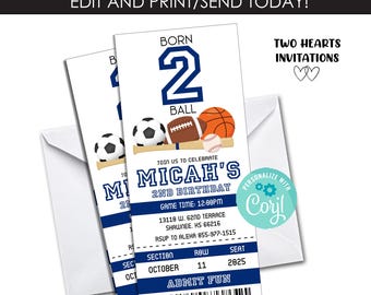 Born 2 Ball Ticket Invitation Invite EDITABLE Birthday Allstar Party Kids 3x7 Digital Instant Download